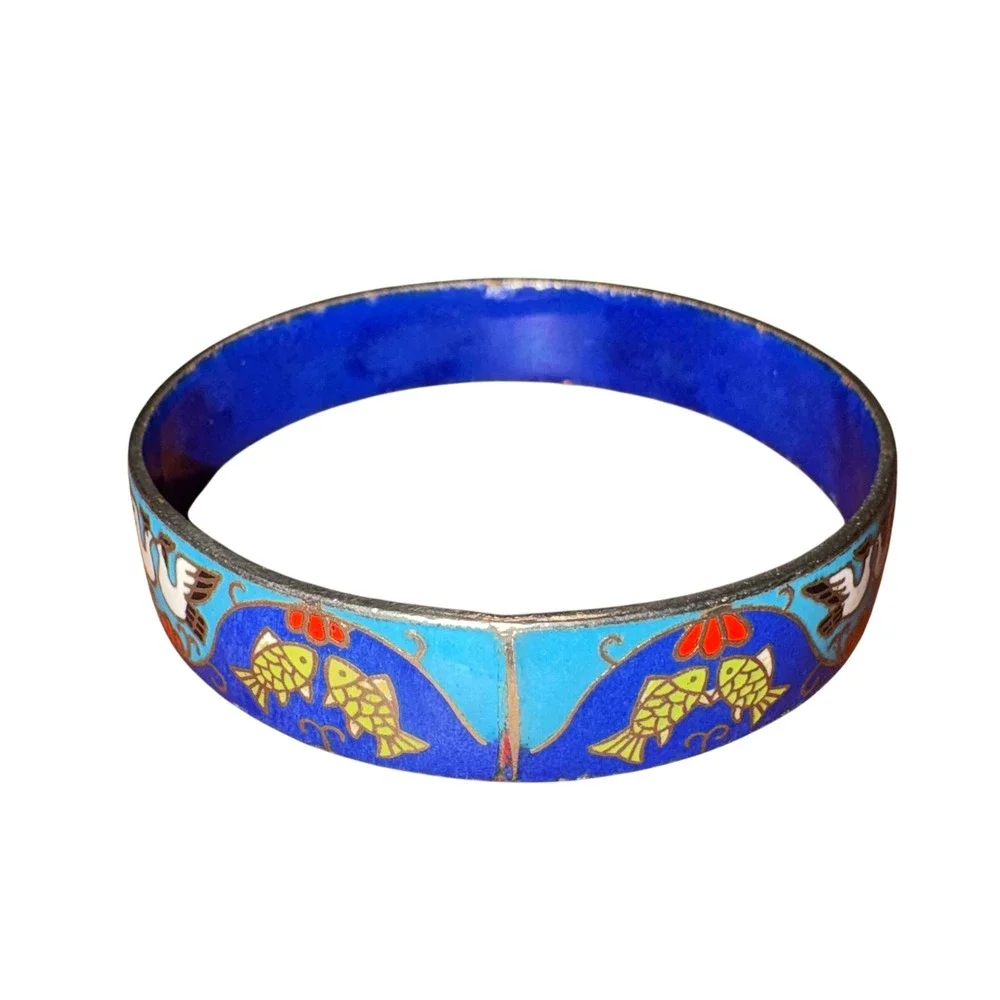 VTG Cloisonne Enamel Bangle Bracelet Blue Crane Fish Floral Motif Asian Art Deco